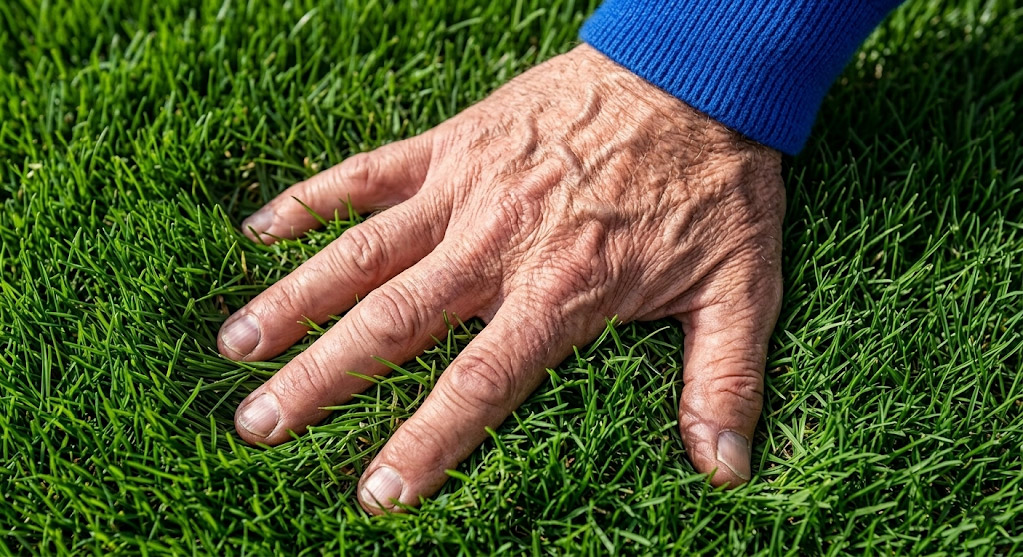 A homeowner performing a lawn moisture test in Toronto by pressing a gloved hand into wet spring soil to check for saturation.