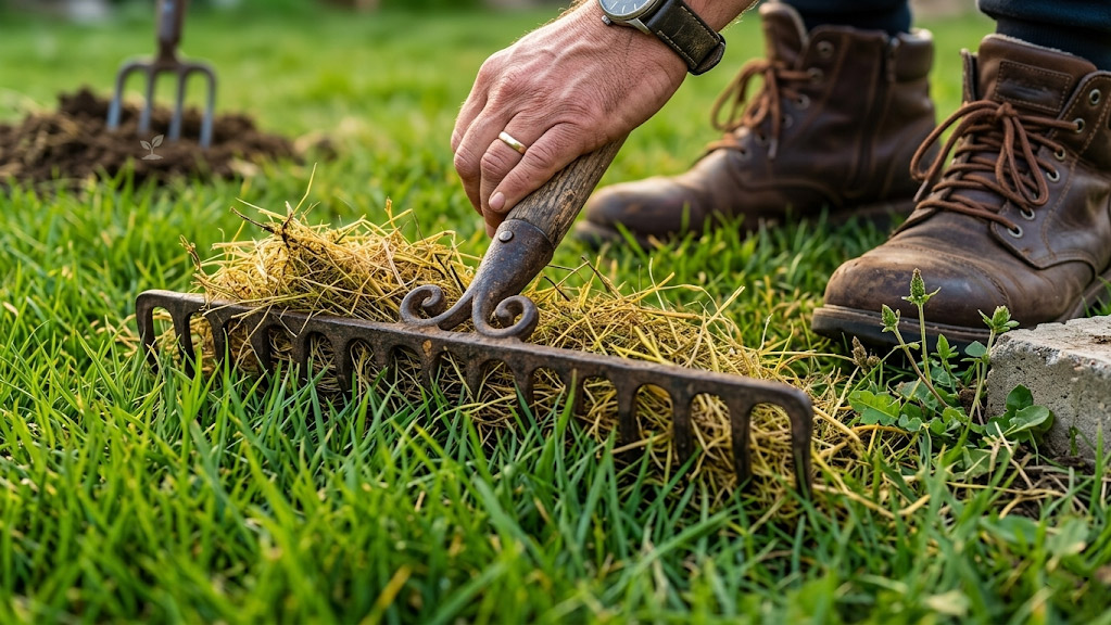 Damaged grass roots and muddy bare patches caused by raking a wet lawn too early in the spring season