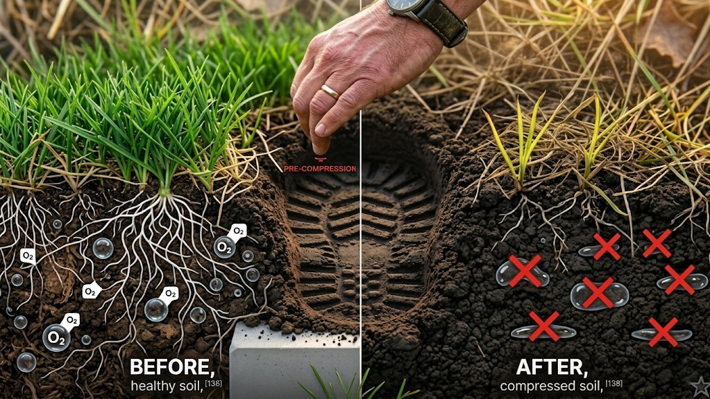 Illustration showing the difference between healthy soil and compacted soil caused by walking on a wet spring lawn