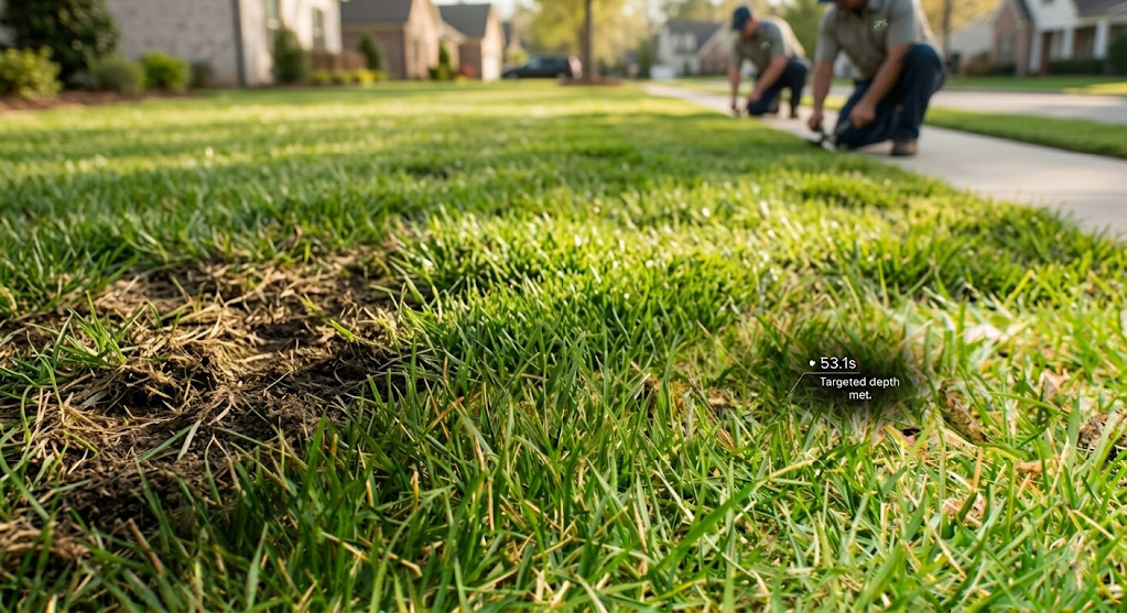 Lush, new green grass growing on a previously muddy patch, showing the results of spring overseeding and aeration