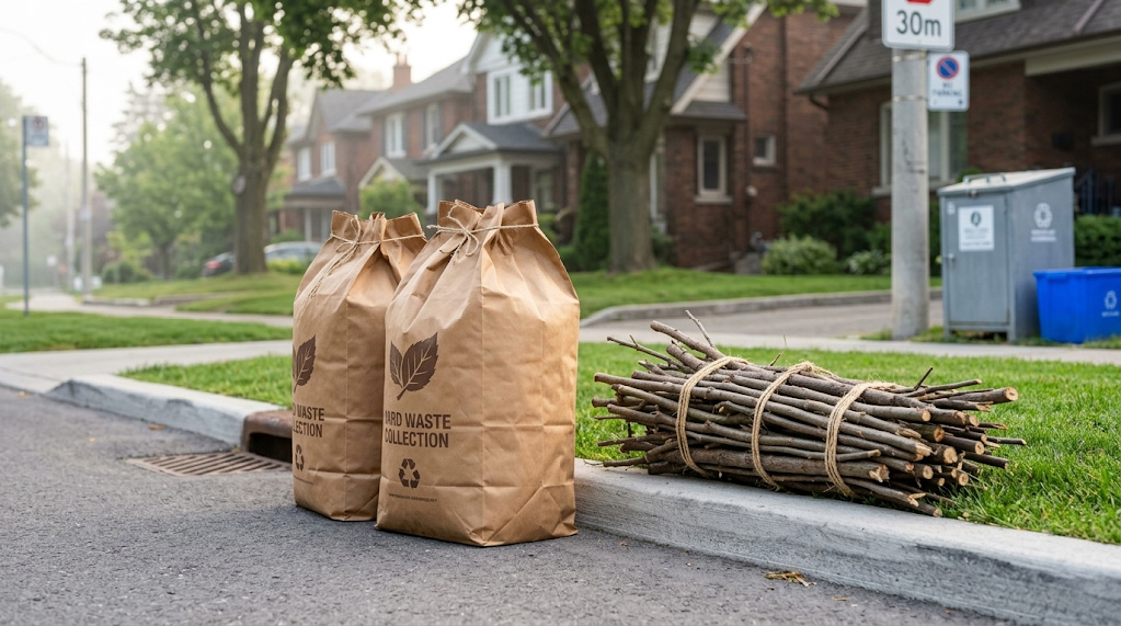 Properly packed City of Toronto compliant Kraft paper yard waste bags and bundled branches sitting on a North York curb