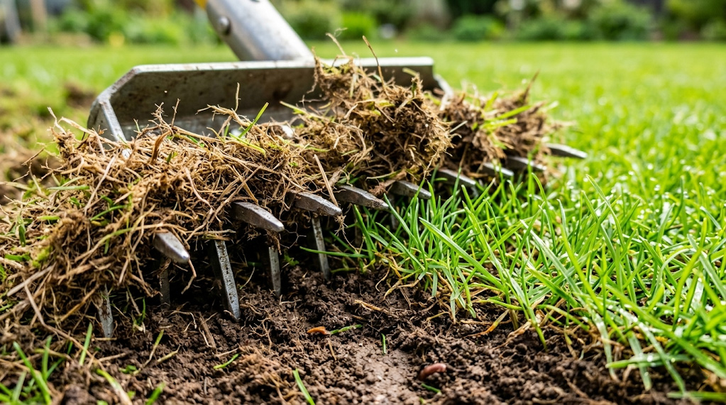 Close-up of a lawn undergoing dethatching to remove dead organic matter and allow the soil to breathe