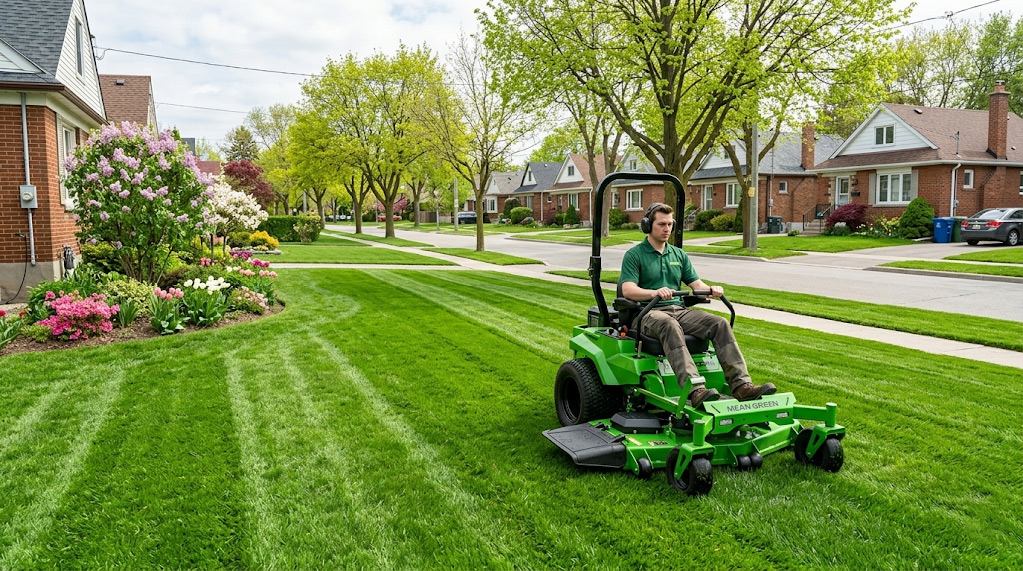 A professional, commercial-grade all-electric lawn mower creating perfect stripes on a North York estate lawn