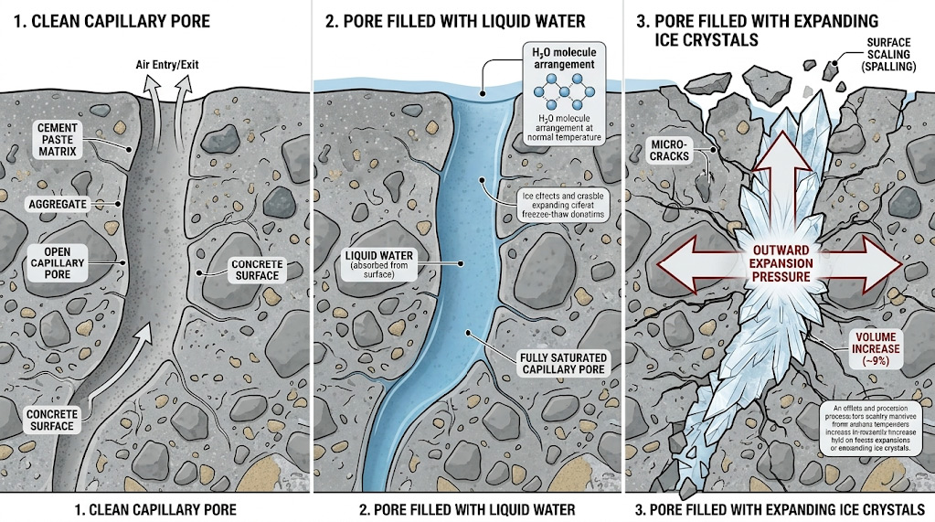 Macro cross-section diagram of concrete, showing how water entering pores and freezing into ice causes internal pressure and spalling