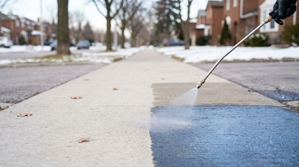 Close-up of liquid brine being applied via spray to a dry concrete sidewalk in Toronto, creating a proactive barrier against ice bonding
