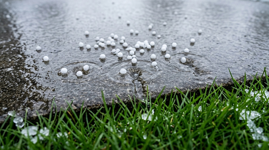 Focused shot of magnesium chloride pellets melting a thin layer of ice on a driveway, with healthy green lawn grass in the foreground showing no damage