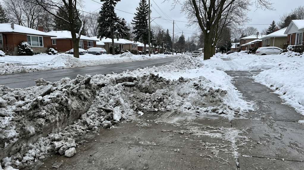 A large, icy windrow of heavy, compacted snow left by a City of Toronto snow plow, completely blocking a residential concrete driveway entrance
