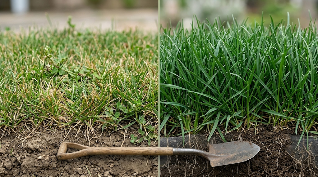 A visual comparison between standard Kentucky bluegrass and drought-resistant tall fescue for North York lawns.