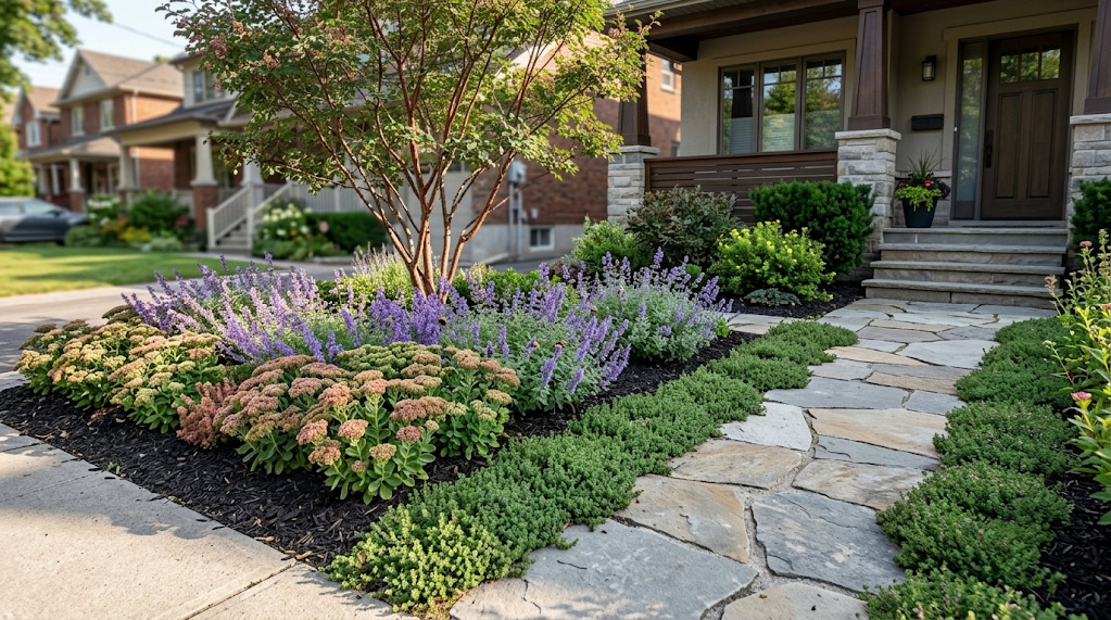 Small modern front yard in North York featuring flagstone paths, sedum, catmint, and a shade tree for efficient landscaping