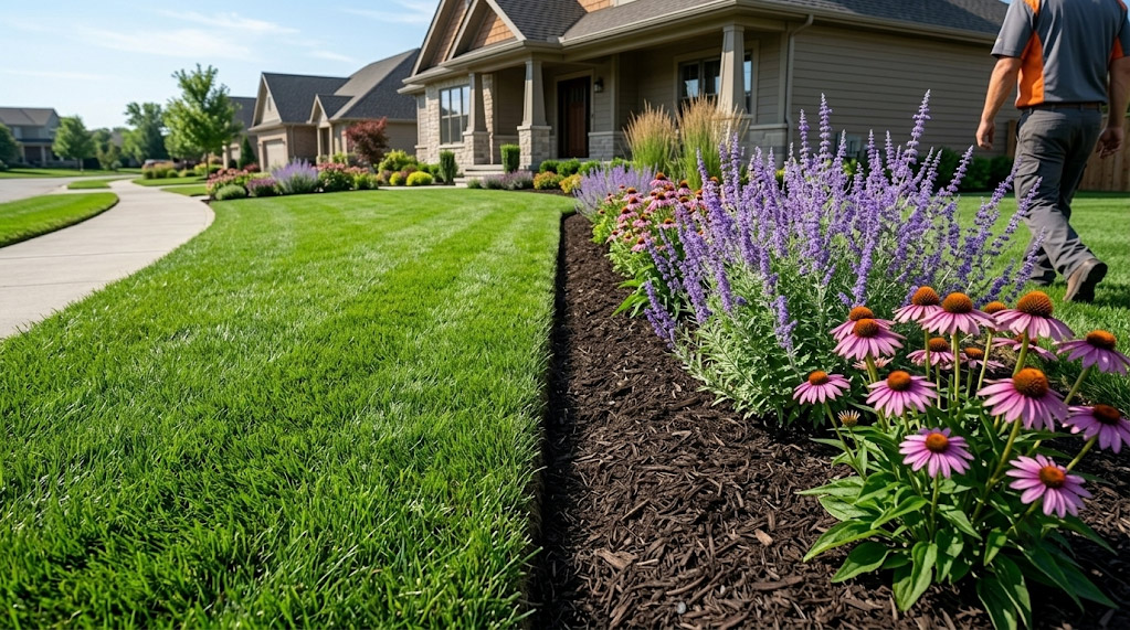Professional, golf-course style vertical edging separating a fescue lawn and a drought-tolerant perennial bed, maintained by JPS Property Solutions in North York