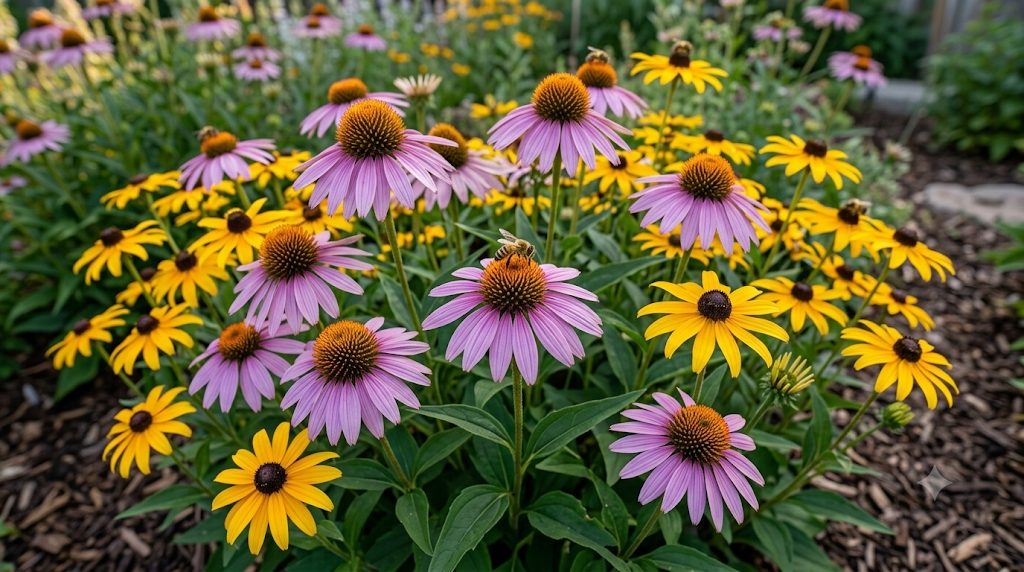 Drought-tolerant native perennials, purple coneflower and black-eyed Susan, flowering in a mulched bed on a sunny North York property.